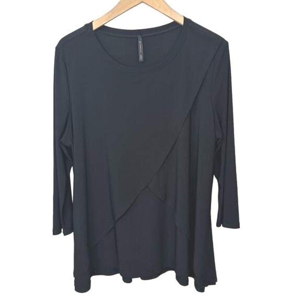 IC By Connie K Layered Blouse Women's XL Black Flowy Relaxed Crossover Front Top